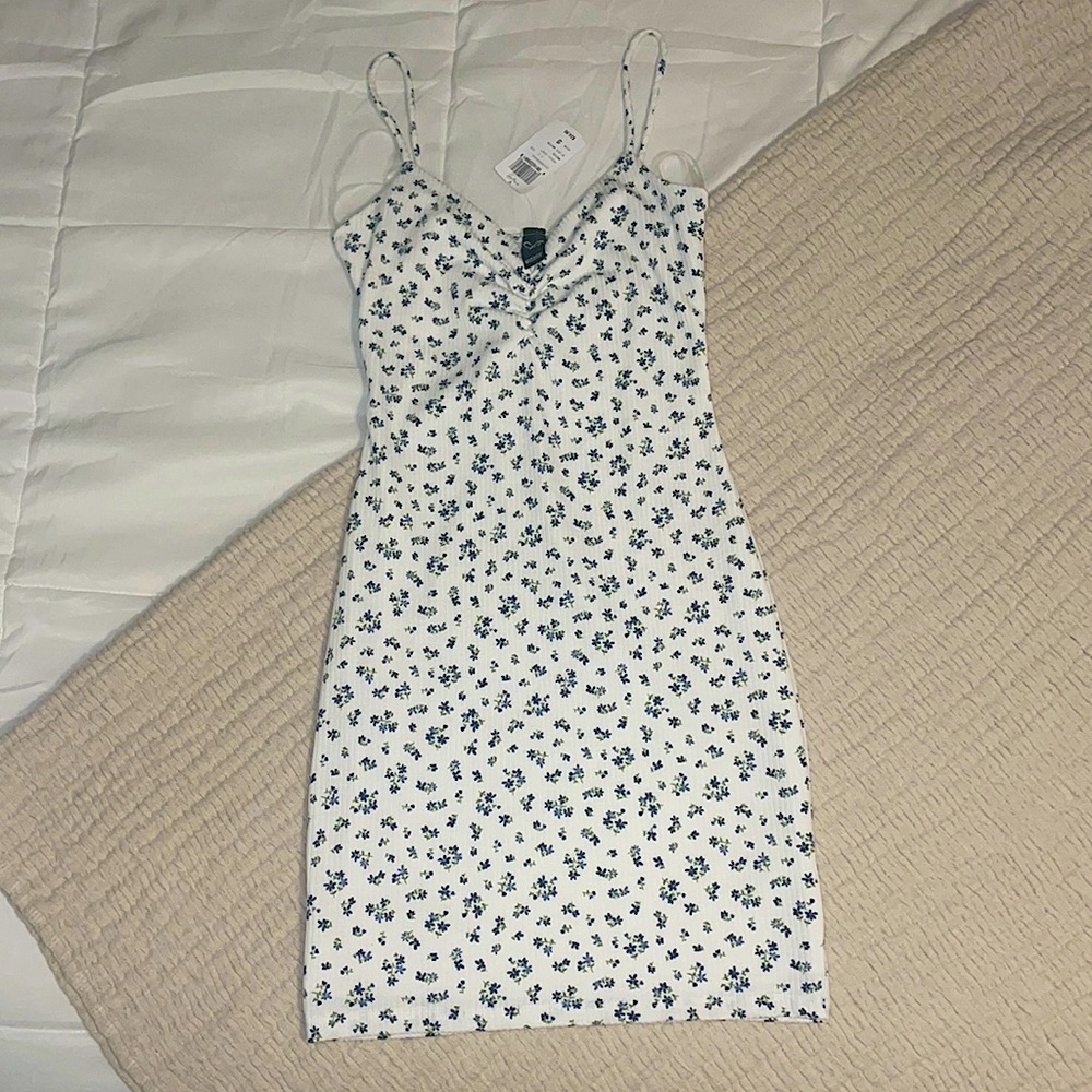 White and Blue Floral Windsor Dress